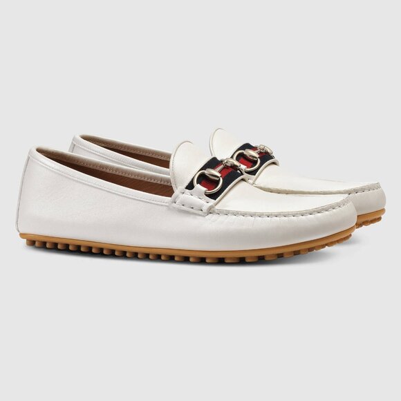 GUCCI SHOES MENS DRIVER MOCCASINS HORSEBIT WEB WHITE LEATHER sz 8.5G 9 - Picture 13 of 16
